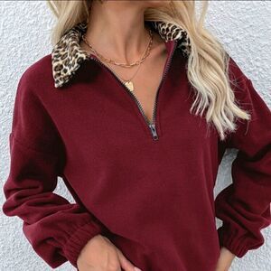 Contrast Leopard Half Zipper Fleece Sweatshirt